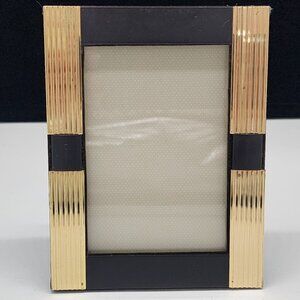 Vintage Black Wood & Gold Metal Ribbed Photo Frame Brass 3x4.5" 1990s